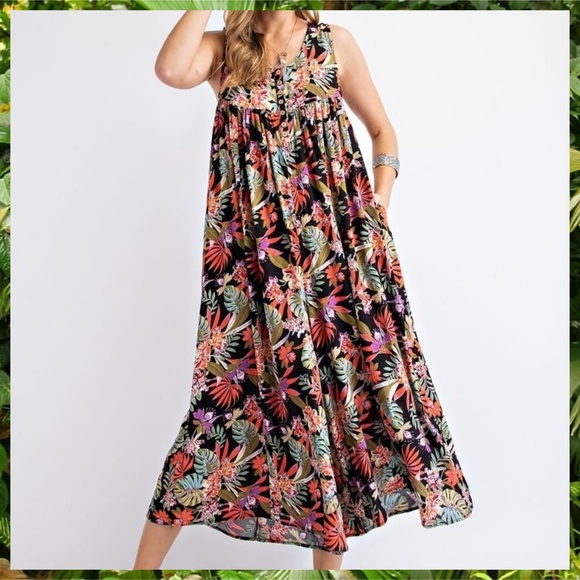 EASEL "Tropical Vibes" Lightweight & Oversized V-Neck Sleeveless Romper Jumpsuit - Picture 7 of 16